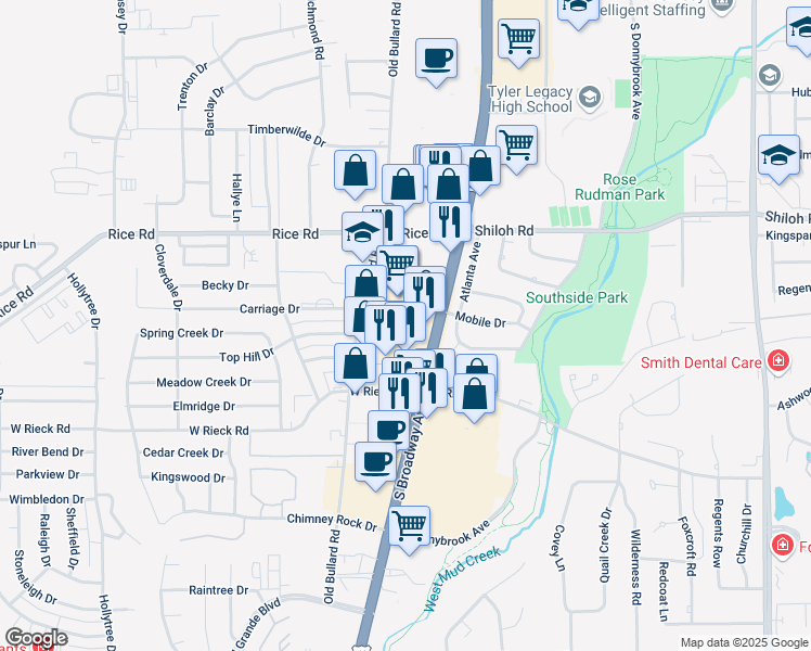 map of restaurants, bars, coffee shops, grocery stores, and more near 5315 South Broadway Avenue in Tyler
