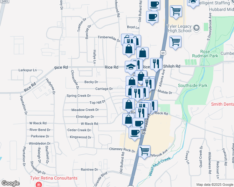 map of restaurants, bars, coffee shops, grocery stores, and more near 326 Carriage Drive in Tyler