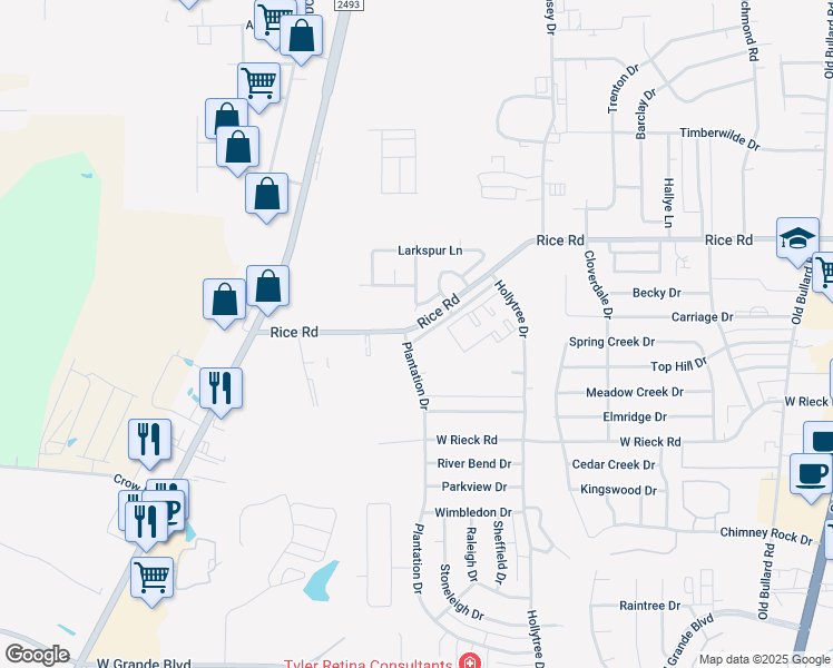 map of restaurants, bars, coffee shops, grocery stores, and more near 1406 Rice Road in Tyler
