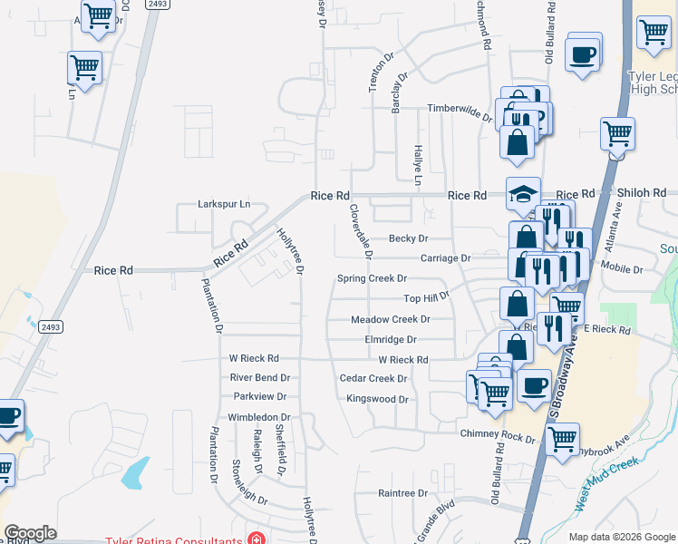 map of restaurants, bars, coffee shops, grocery stores, and more near 818 Carriage Drive in Tyler