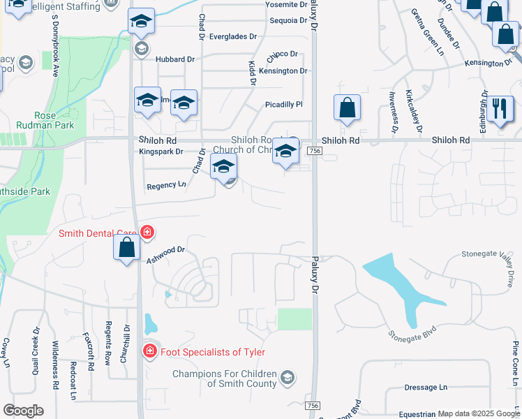 map of restaurants, bars, coffee shops, grocery stores, and more near 1615 Timber View Drive in Tyler