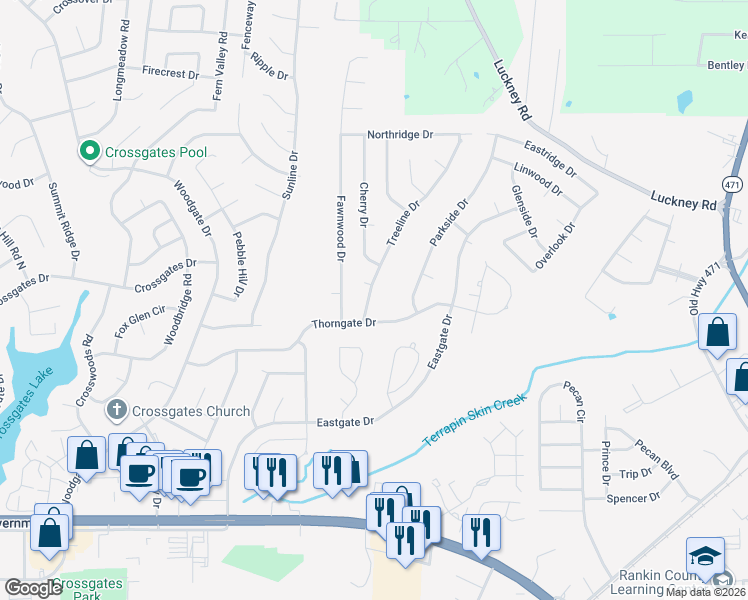 map of restaurants, bars, coffee shops, grocery stores, and more near 404 Treeline Drive in Brandon
