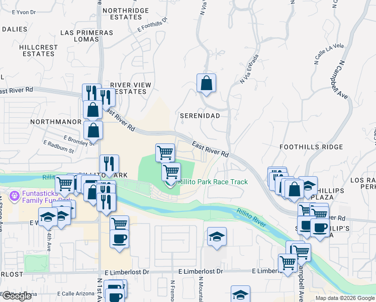 map of restaurants, bars, coffee shops, grocery stores, and more near 1200 East River Road in Tucson