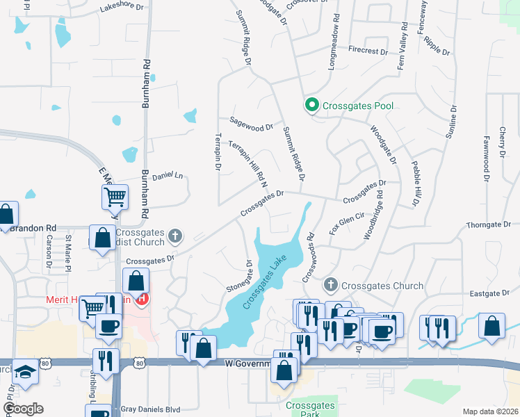 map of restaurants, bars, coffee shops, grocery stores, and more near 40 Crossgates Drive in Brandon