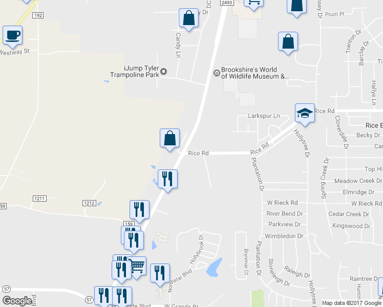 map of restaurants, bars, coffee shops, grocery stores, and more near 1698 Rice Road in Tyler