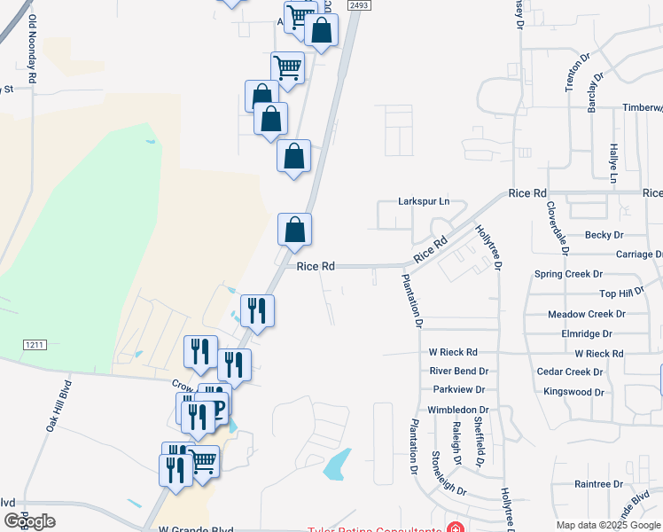 map of restaurants, bars, coffee shops, grocery stores, and more near 1573 Rice Road in Tyler