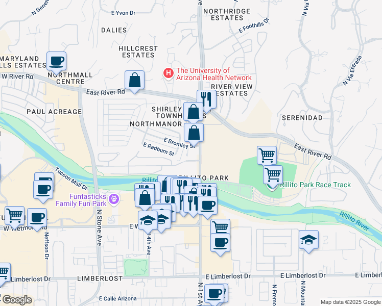 map of restaurants, bars, coffee shops, grocery stores, and more near 600 East Bromley Street in Tucson
