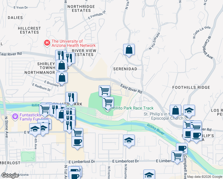 map of restaurants, bars, coffee shops, grocery stores, and more near 1090 East River Road in Tucson