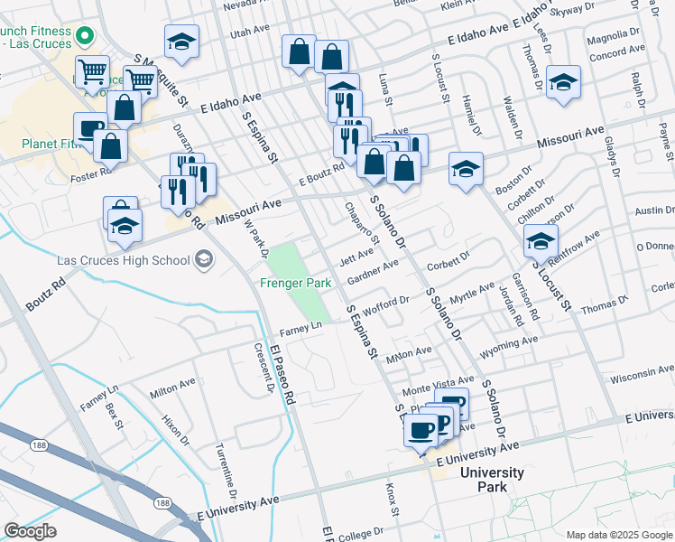 map of restaurants, bars, coffee shops, grocery stores, and more near 1882 S Espina St in Las Cruces