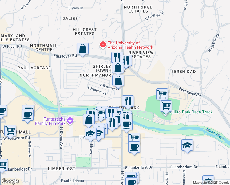 map of restaurants, bars, coffee shops, grocery stores, and more near 4720 North 2nd Avenue in Tucson