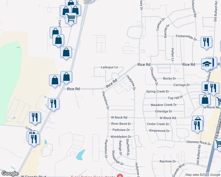 map of restaurants, bars, coffee shops, grocery stores, and more near 1202 Rice Road in Tyler