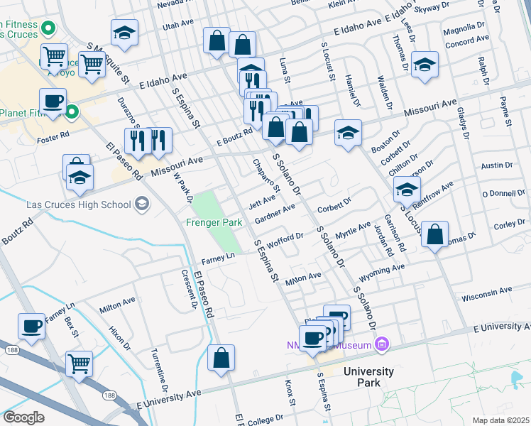 map of restaurants, bars, coffee shops, grocery stores, and more near 1111 Gardner Avenue in Las Cruces