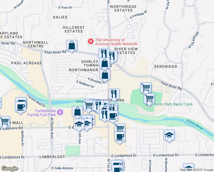 map of restaurants, bars, coffee shops, grocery stores, and more near 4633 North 1st Avenue in Tucson