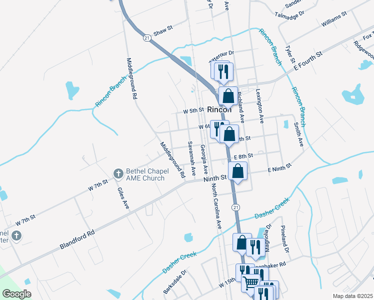 map of restaurants, bars, coffee shops, grocery stores, and more near 207 Savannah Avenue in Rincon
