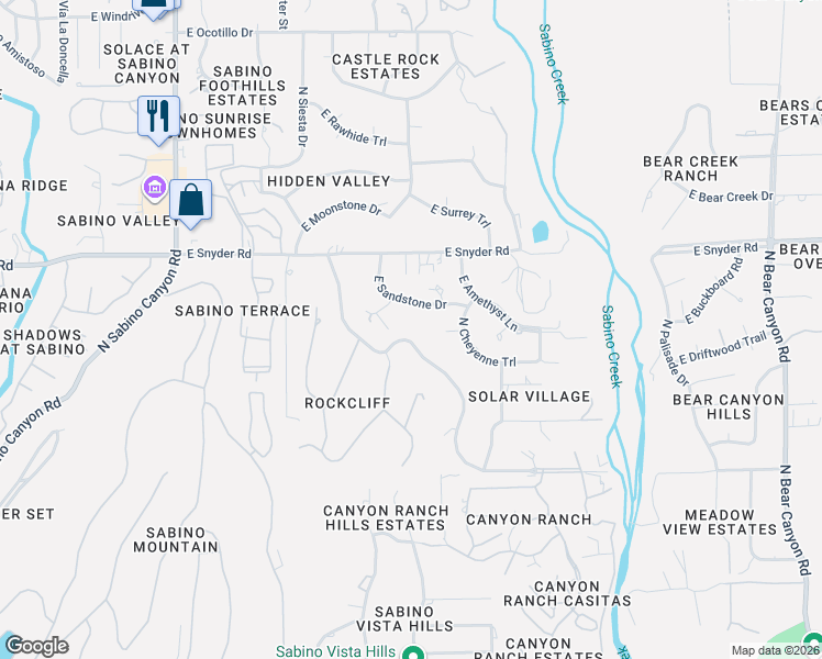 map of restaurants, bars, coffee shops, grocery stores, and more near 4704 East Sandstone Place in Tucson