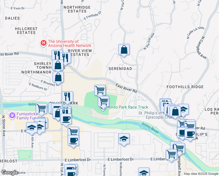 map of restaurants, bars, coffee shops, grocery stores, and more near 1200 East River Road in Tucson