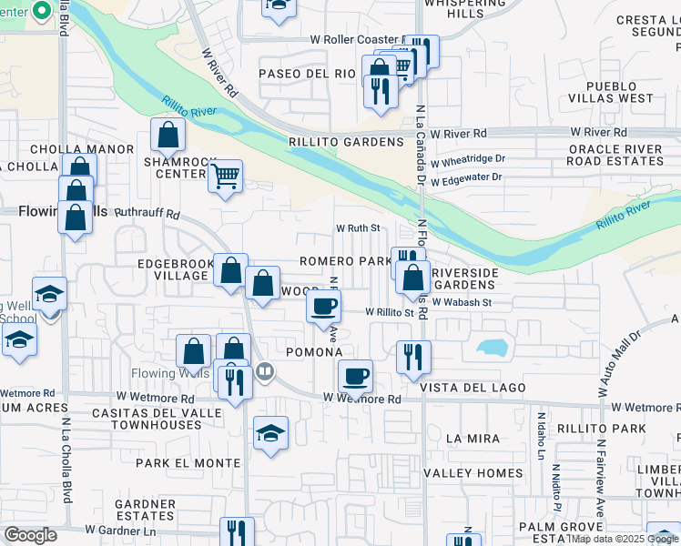 map of restaurants, bars, coffee shops, grocery stores, and more near 4657 North Iroquois Avenue in Tucson