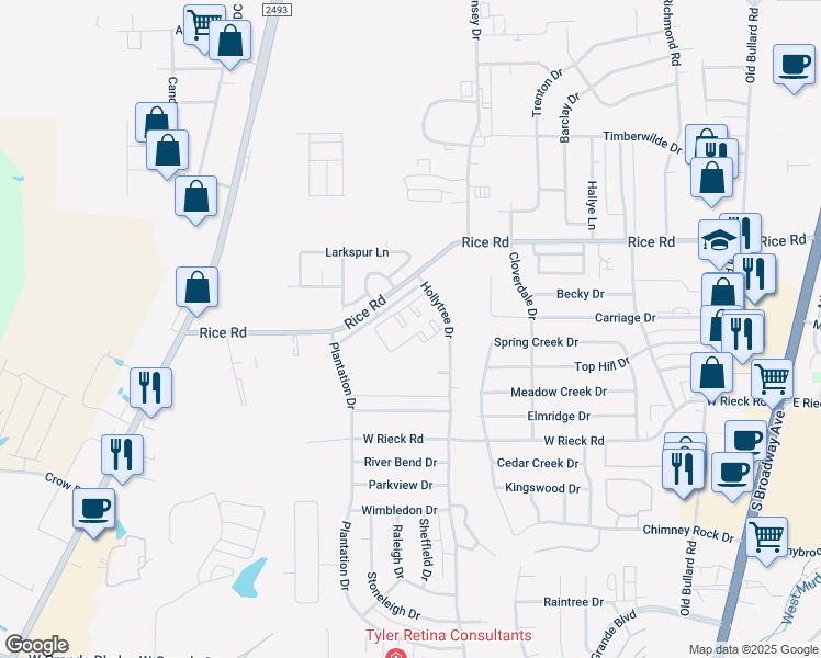 map of restaurants, bars, coffee shops, grocery stores, and more near 5207 Hollytree Drive in Tyler