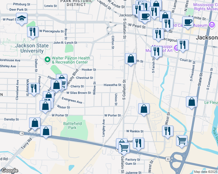 map of restaurants, bars, coffee shops, grocery stores, and more near 503 Hiawatha St in Jackson