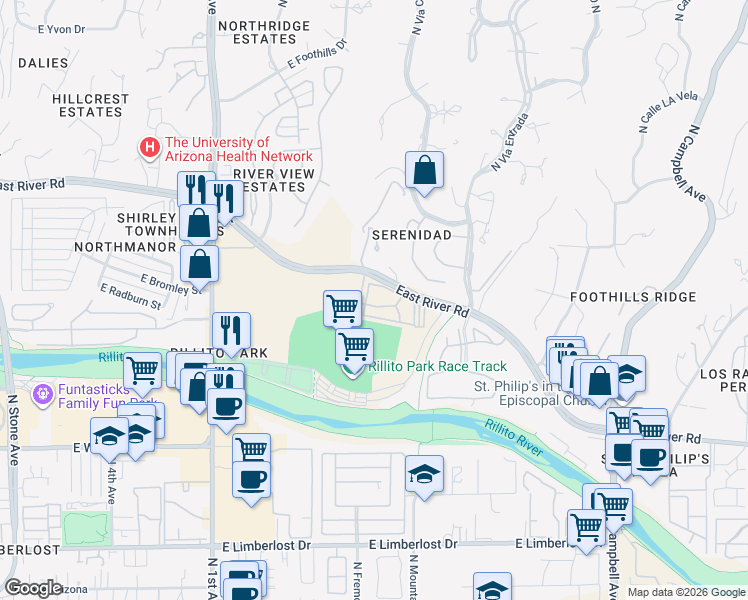 map of restaurants, bars, coffee shops, grocery stores, and more near 1200 East River Road in Tucson