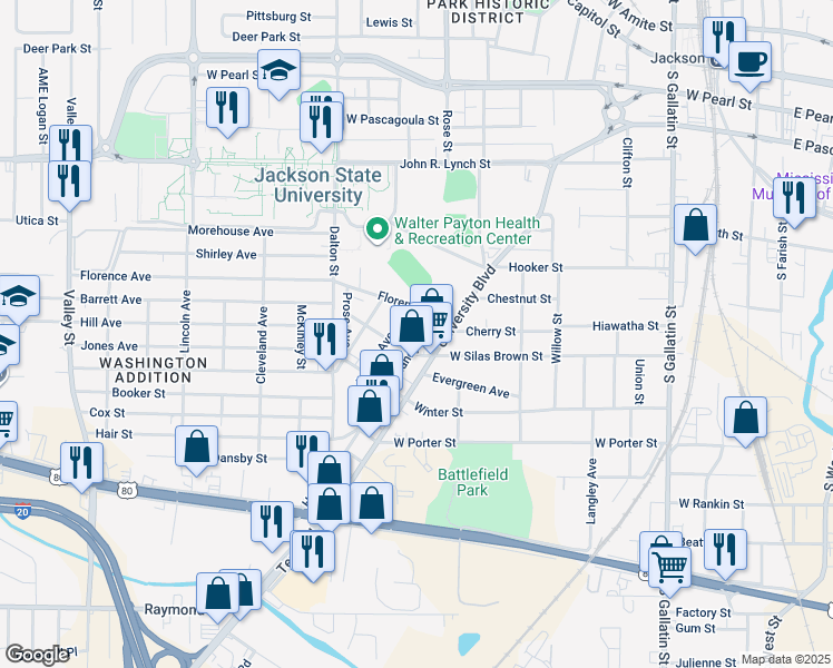 map of restaurants, bars, coffee shops, grocery stores, and more near 1127 Handy Avenue in Jackson