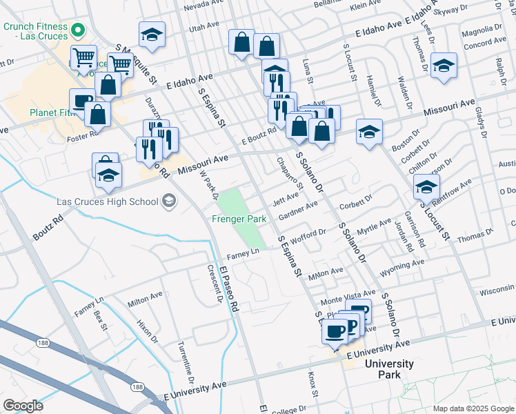 map of restaurants, bars, coffee shops, grocery stores, and more near 1882 South Espina Street in Las Cruces