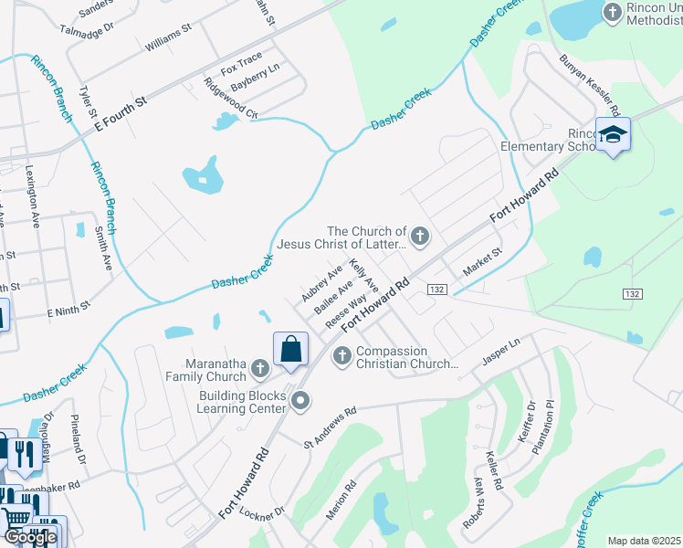 map of restaurants, bars, coffee shops, grocery stores, and more near 319 Aubrey Avenue in Rincon