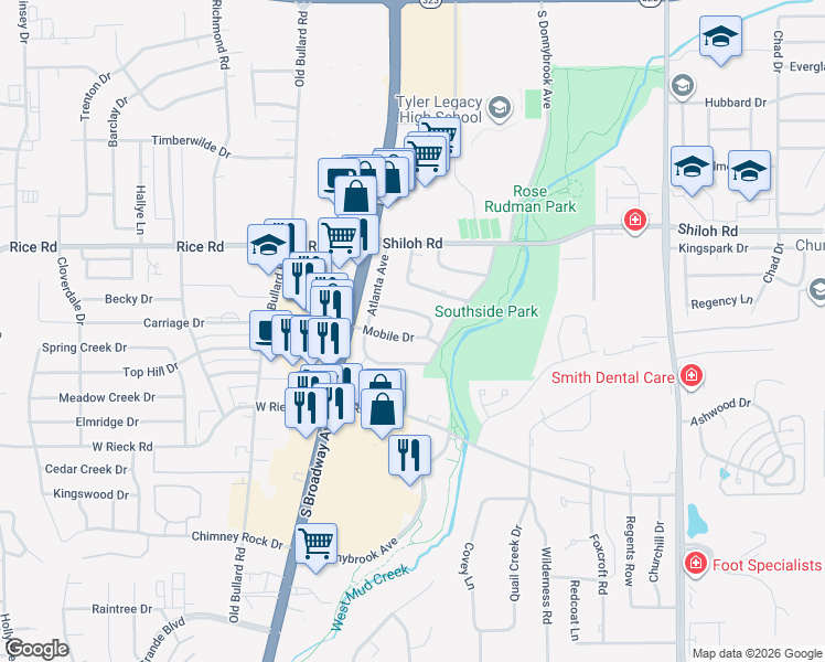 map of restaurants, bars, coffee shops, grocery stores, and more near 302 Mobile Drive in Tyler