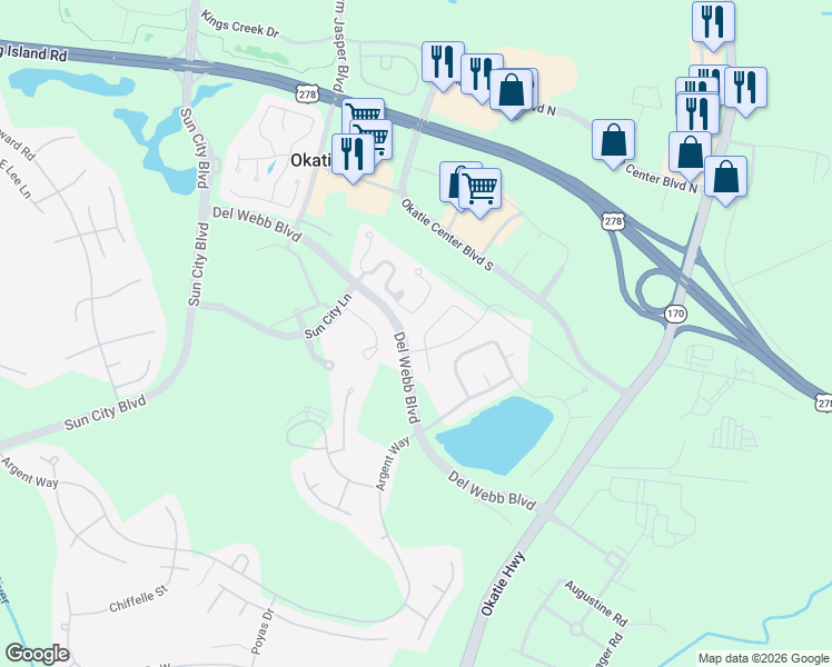 map of restaurants, bars, coffee shops, grocery stores, and more near 5 Broughton Circle in Bluffton