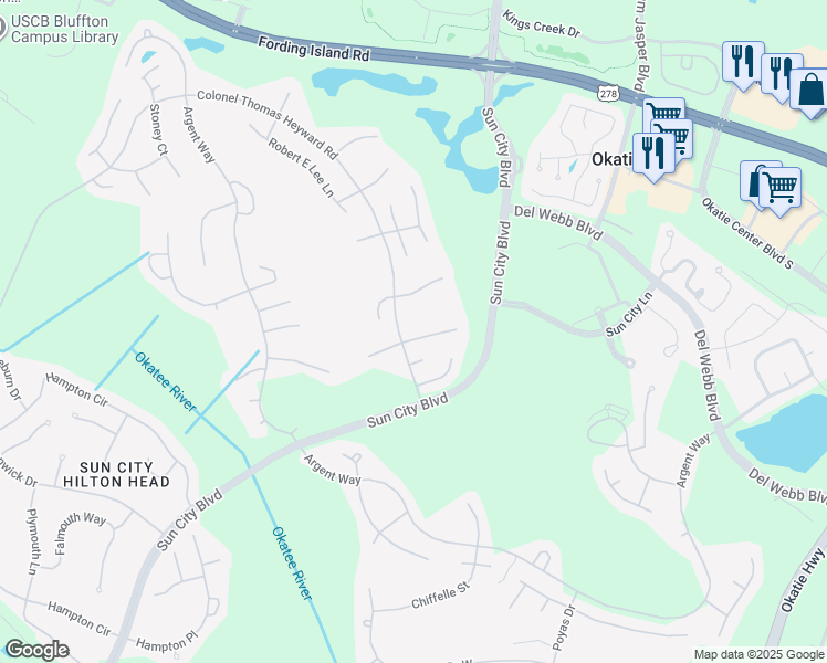 map of restaurants, bars, coffee shops, grocery stores, and more near 101 Honey Hill Drive in Bluffton