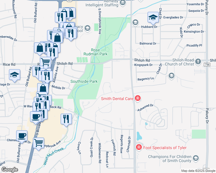 map of restaurants, bars, coffee shops, grocery stores, and more near 5207 Glen Abbey Lane in Tyler