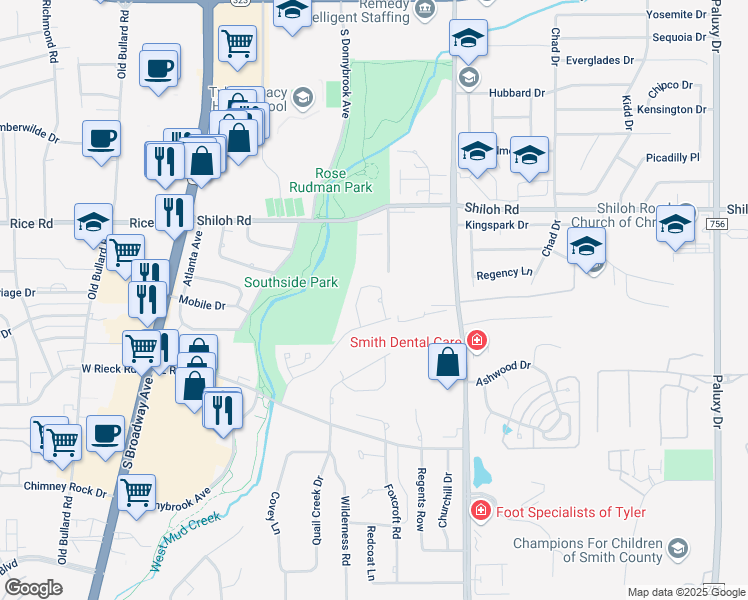 map of restaurants, bars, coffee shops, grocery stores, and more near 5207 Glen Abbey Ln in Tyler