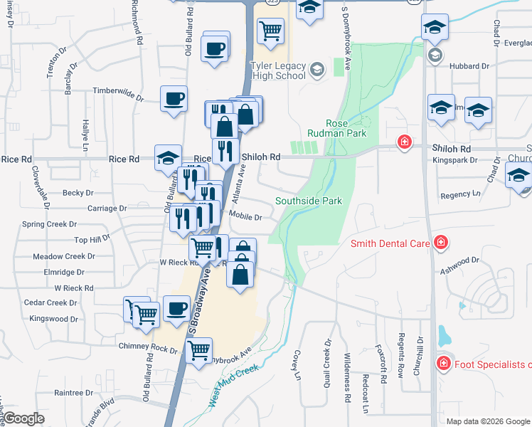 map of restaurants, bars, coffee shops, grocery stores, and more near 302 Mobile Drive in Tyler