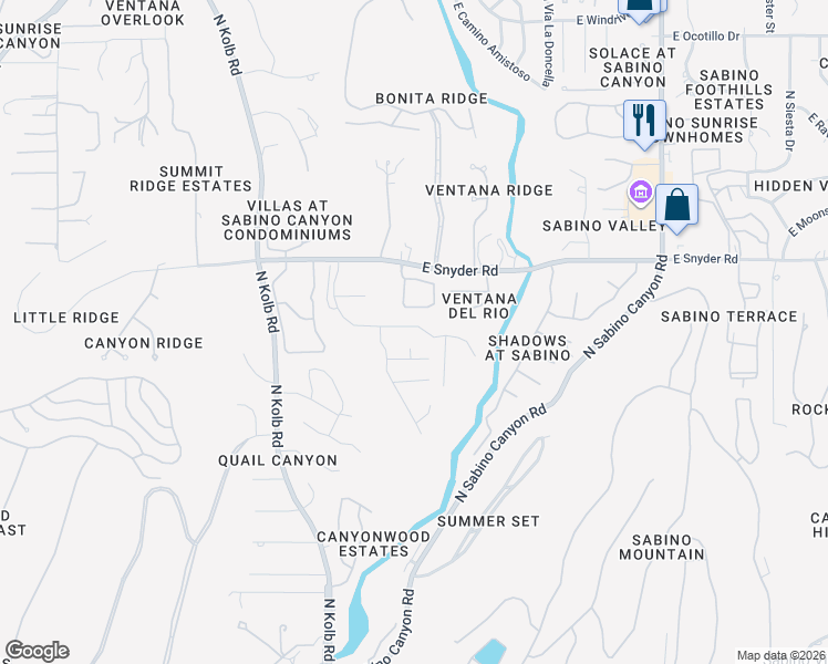 map of restaurants, bars, coffee shops, grocery stores, and more near 7446 East Wandering Road in Tucson