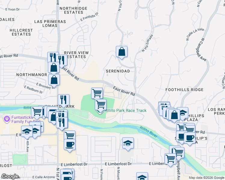 map of restaurants, bars, coffee shops, grocery stores, and more near 1200 East River Road in Tucson