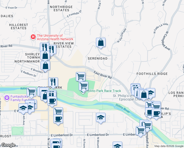 map of restaurants, bars, coffee shops, grocery stores, and more near 1200 East River Road in Tucson
