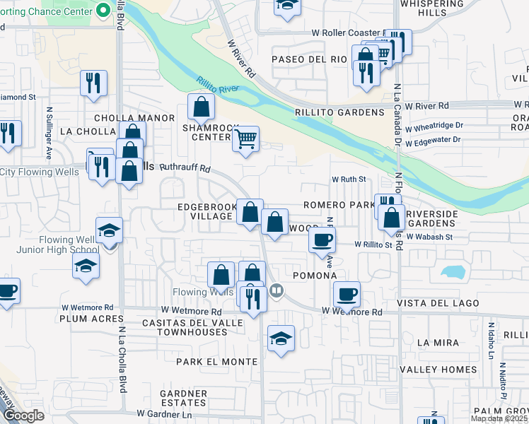 map of restaurants, bars, coffee shops, grocery stores, and more near 1744 West Coralbrooke Drive in Tucson