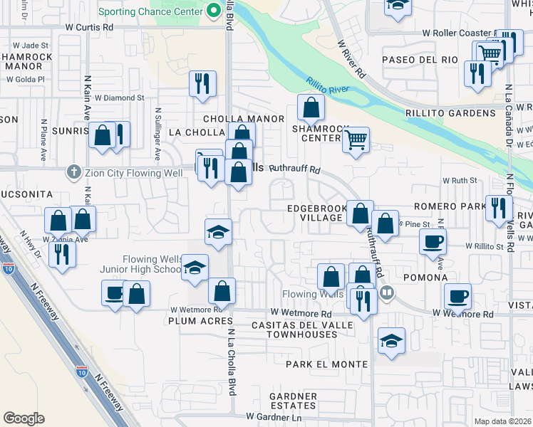 map of restaurants, bars, coffee shops, grocery stores, and more near 2041 West Brittain Drive in Tucson