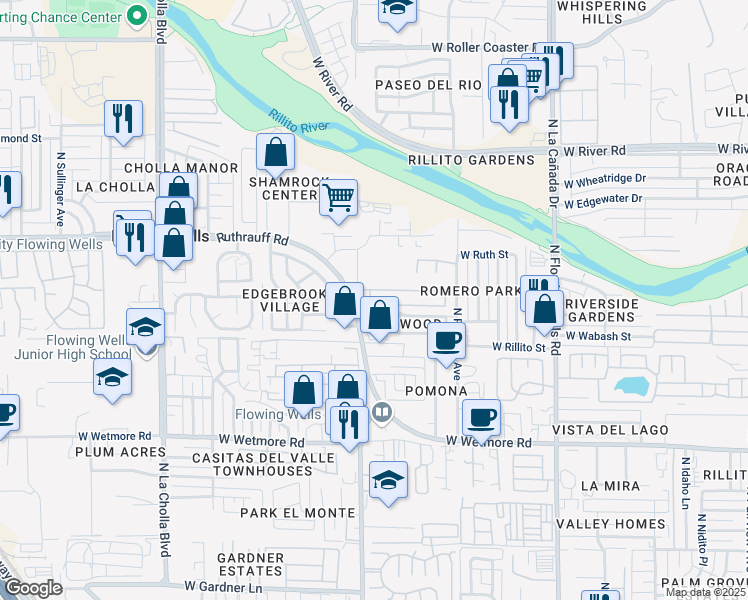 map of restaurants, bars, coffee shops, grocery stores, and more near 1744 West Coralbrooke Drive in Tucson