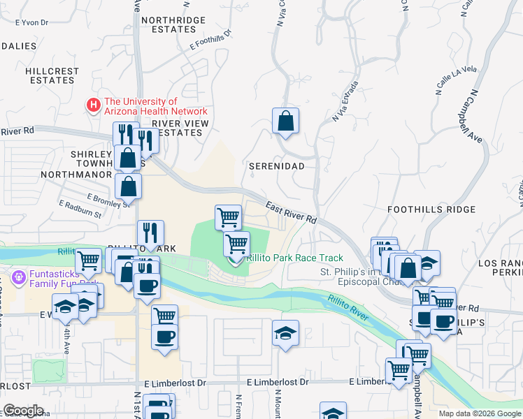 map of restaurants, bars, coffee shops, grocery stores, and more near 1200 East River Road in Tucson