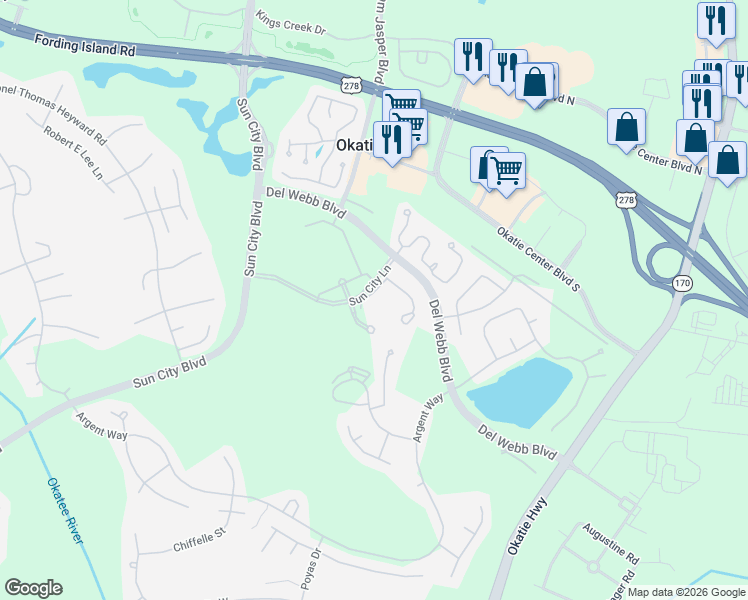 map of restaurants, bars, coffee shops, grocery stores, and more near 15 Scenic Drive in Bluffton
