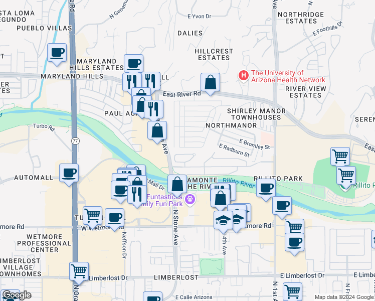 map of restaurants, bars, coffee shops, grocery stores, and more near 281 East Hyde Street in Tucson