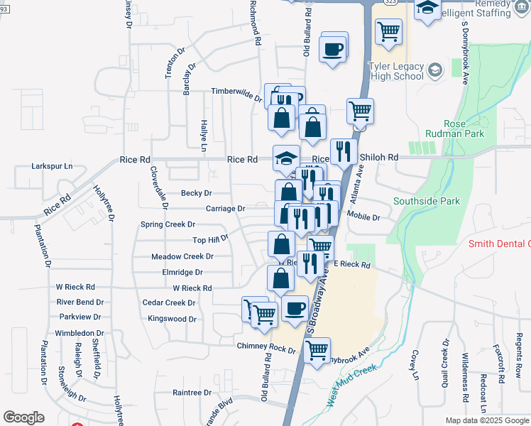 map of restaurants, bars, coffee shops, grocery stores, and more near 326 Carriage Drive in Tyler