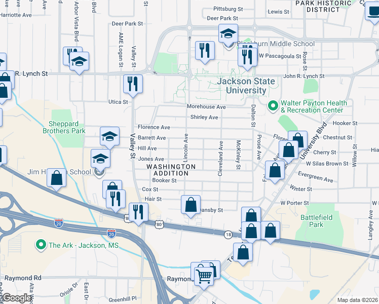 map of restaurants, bars, coffee shops, grocery stores, and more near 1706 Lincoln Ave in Jackson