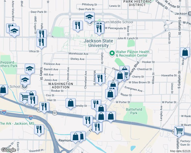 map of restaurants, bars, coffee shops, grocery stores, and more near 1233 Hill Avenue in Jackson