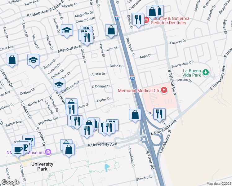 map of restaurants, bars, coffee shops, grocery stores, and more near 2135 Payne Street in Las Cruces