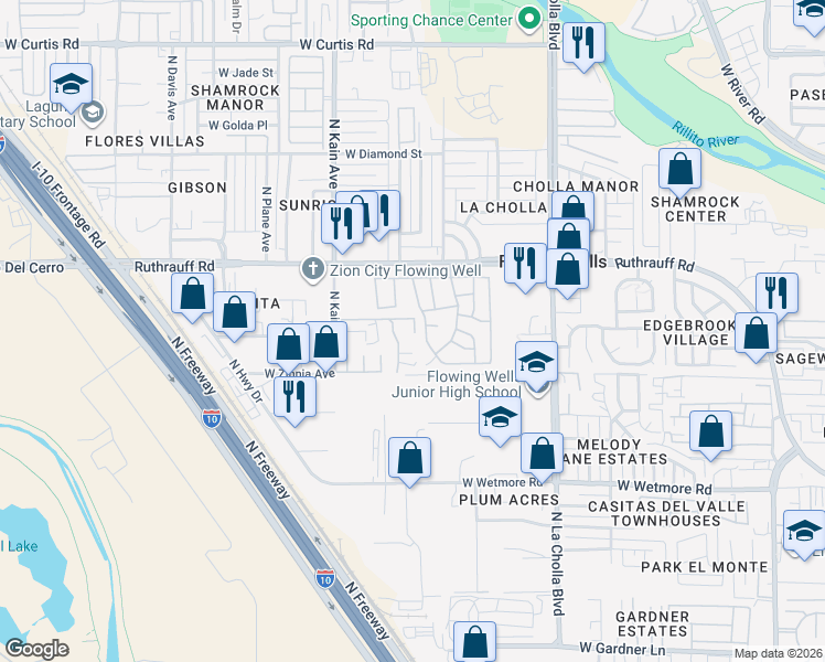 map of restaurants, bars, coffee shops, grocery stores, and more near 2375 West Wave Hill Court in Tucson