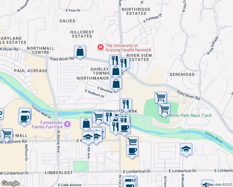 map of restaurants, bars, coffee shops, grocery stores, and more near 4633 North 1st Avenue in Tucson