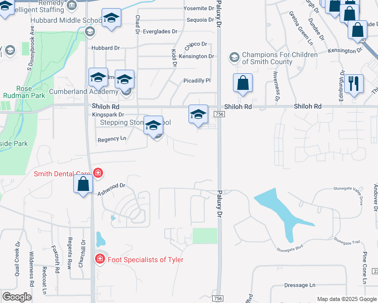 map of restaurants, bars, coffee shops, grocery stores, and more near 1702 Timber View Drive in Tyler