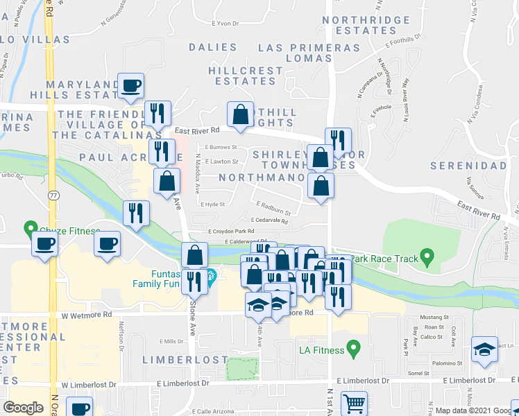 map of restaurants, bars, coffee shops, grocery stores, and more near 416 East Radburn Street in Tucson